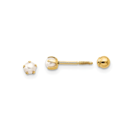 14k Yellow Gold Stud Earrings with White Pearls, Prong Setting, Screw Back