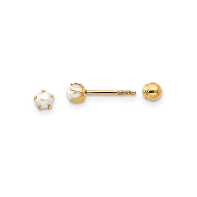 14k Yellow Gold Stud Earrings with White Pearls, Prong Setting, Screw Back