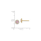 14k Yellow Gold Stud Earrings with Round Pink Center and White Halo Stones, Halo Design