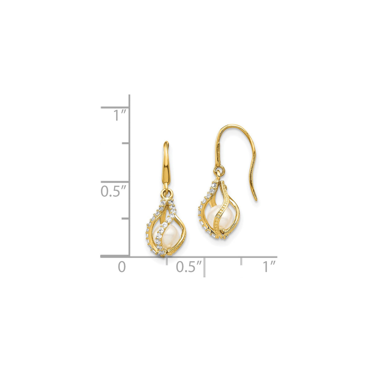 14k Yellow Gold Dangle Earrings with White Pearl and Twisted Teardrop Design