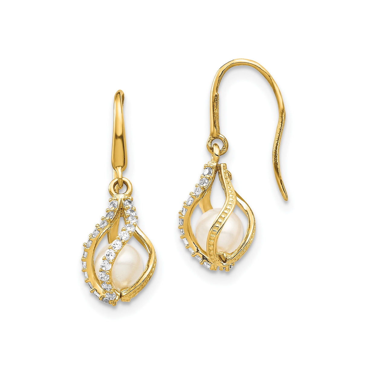 14k Yellow Gold Dangle Earrings with White Pearl and Twisted Teardrop Design