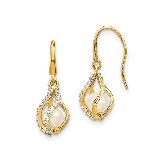 14k Yellow Gold Dangle Earrings with White Pearl and Twisted Teardrop Design