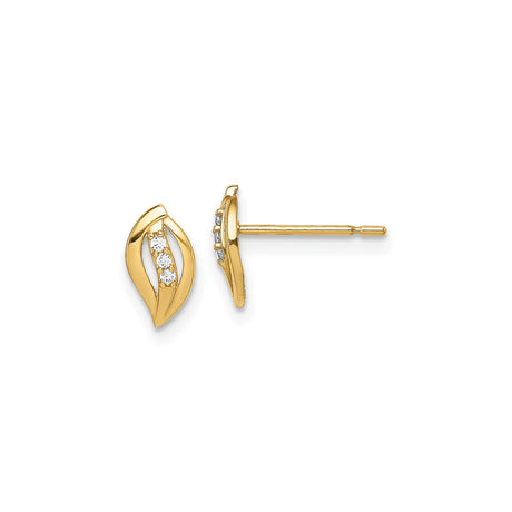 14k Yellow Gold Diamond Stud Earrings with Marquise Leaf Design