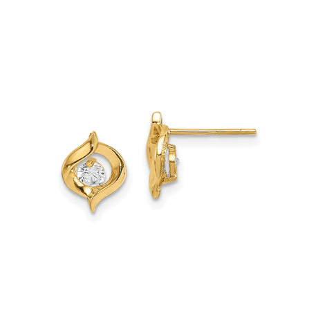 14k Yellow Gold Swirl Stud Earrings with Round Clear Gemstone, Modern Abstract Design