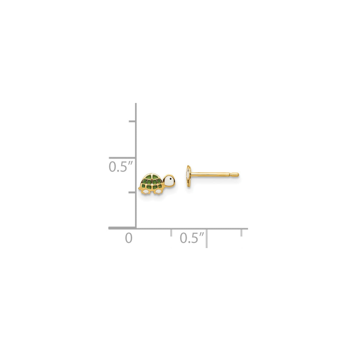 14k Yellow Gold Turtle Stud Earrings with Green and White Enamel, Animal Theme for Girls