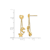 14k Yellow Gold Dangle Earrings, Heart Stud Tops with Sailboat, Shell, Dolphin, and Star Charms