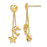 14k Yellow Gold Dangle Earrings, Heart Stud Tops with Sailboat, Shell, Dolphin, and Star Charms