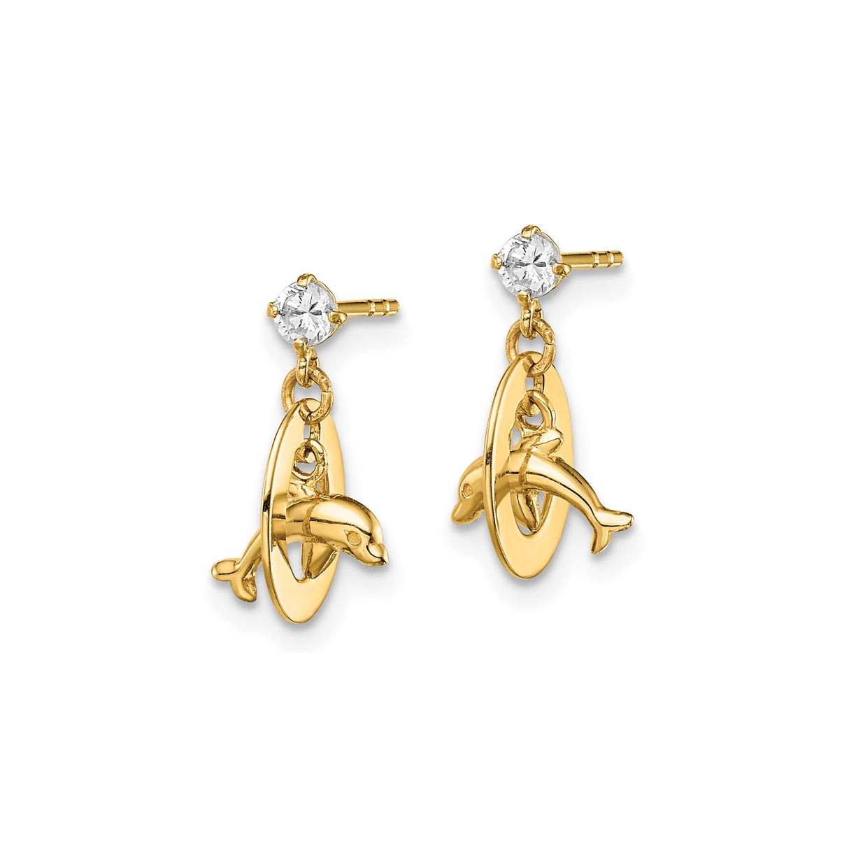 14k Yellow Gold Dangle Stud Earrings with Dolphin and Diver Charms, Nautical Ocean Theme