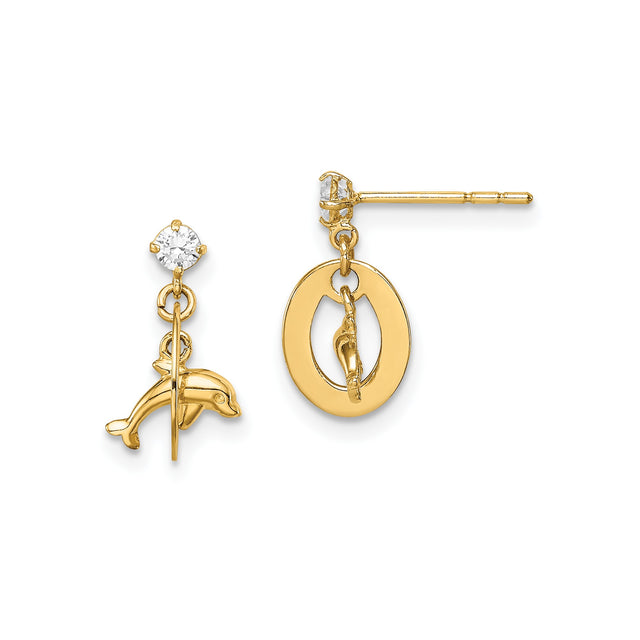 14k Yellow Gold Dangle Stud Earrings with Dolphin and Diver Charms, Nautical Ocean Theme