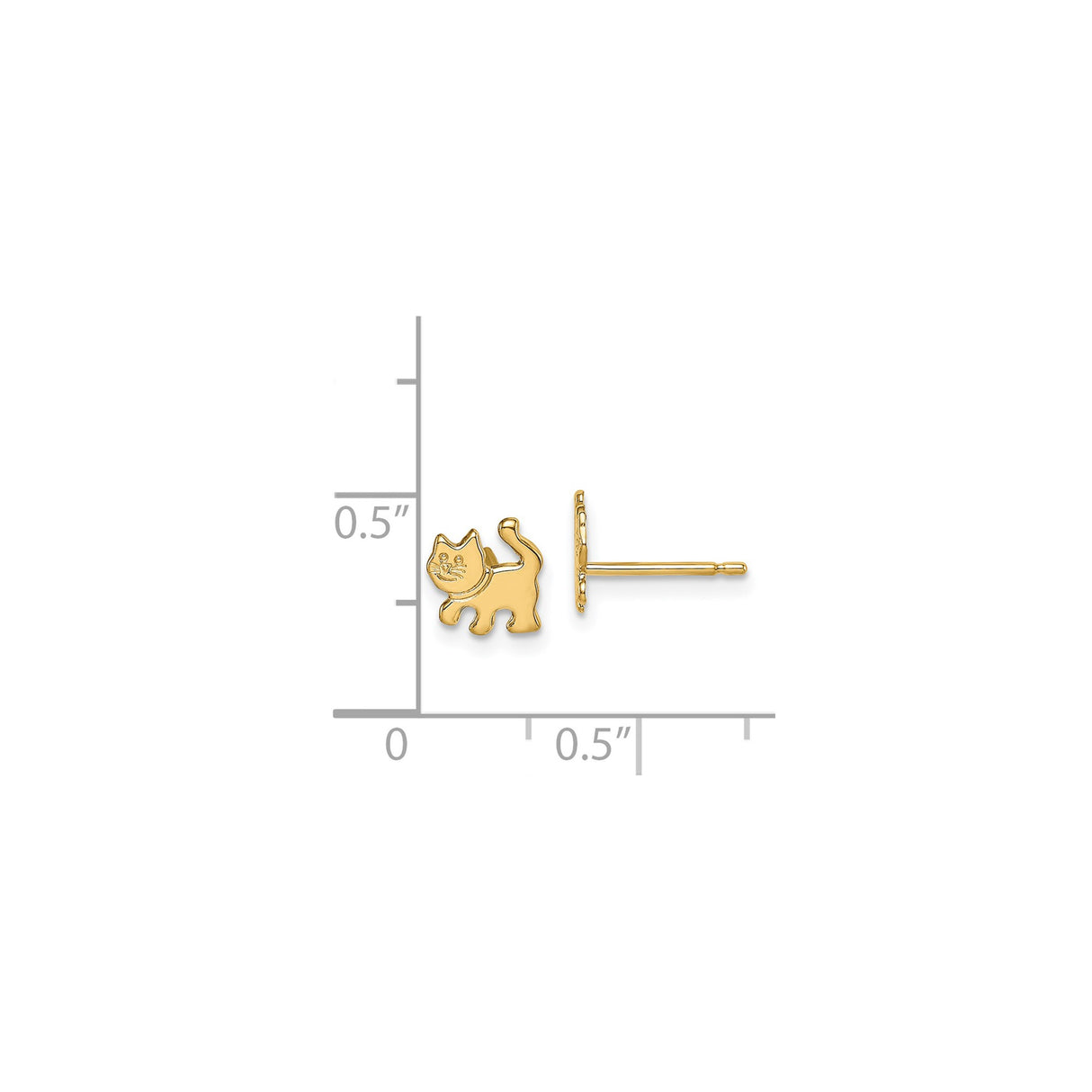 14k Yellow Gold Cat Stud Earrings, Playful Feline Design, Lightweight Animal Jewelry for Women or Kids