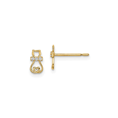 14k Yellow Gold Cat Stud Earrings with Cubic Zirconia, Heart Detail, Minimalist Design