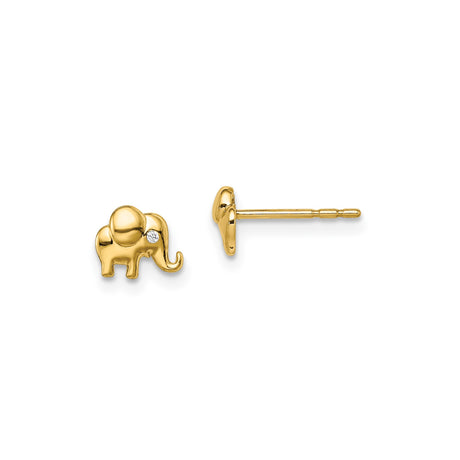 14k Yellow Gold Elephant Stud Earrings with Diamond Accent, Animal Symbol of Strength and Wisdom