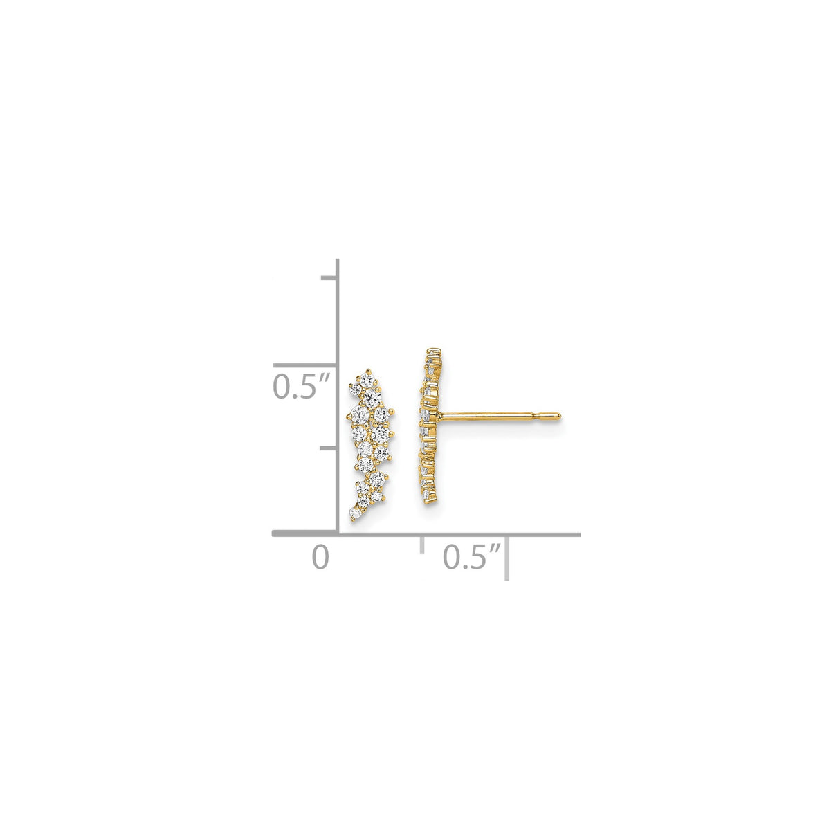 14k Yellow Gold Ear Climber Earrings with Cubic Zirconia, Curved Modern Design for Women