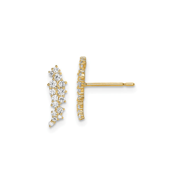 14k Yellow Gold Ear Climber Earrings with Cubic Zirconia, Curved Modern Design for Women