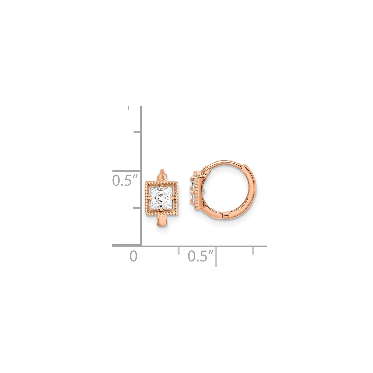 14k Rose Gold Huggie Hoop Earrings with Princess Cut Cubic Zirconia in Beaded Frame Setting