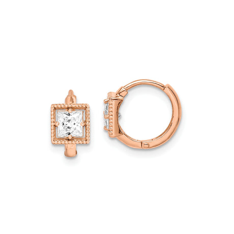 14k Rose Gold Huggie Hoop Earrings with Princess Cut Cubic Zirconia in Beaded Frame Setting