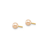 14k Yellow Gold Stud Earrings with Round Pink Cultured Pearls, Minimalist Design for Women