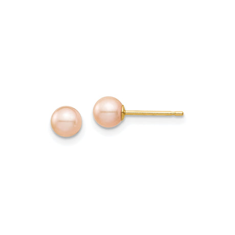 14k Yellow Gold Stud Earrings with Pink Cultured Pearl, Classic Round Design