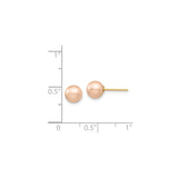 14k Yellow Gold Stud Earrings with Round Pink or Peach Freshwater Pearl, Classic Minimalist Design