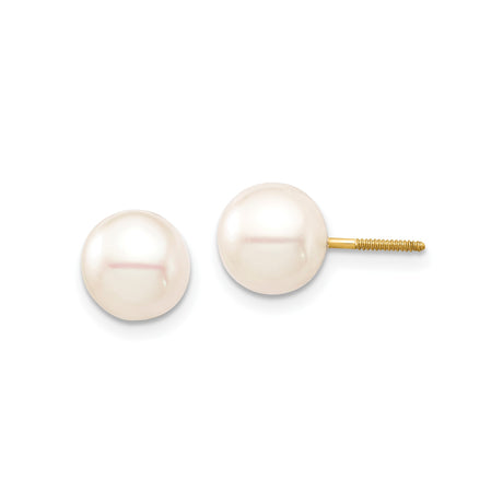 14k Yellow Gold Pearl Stud Earrings with Round White Cultured Pearls, Screw Back