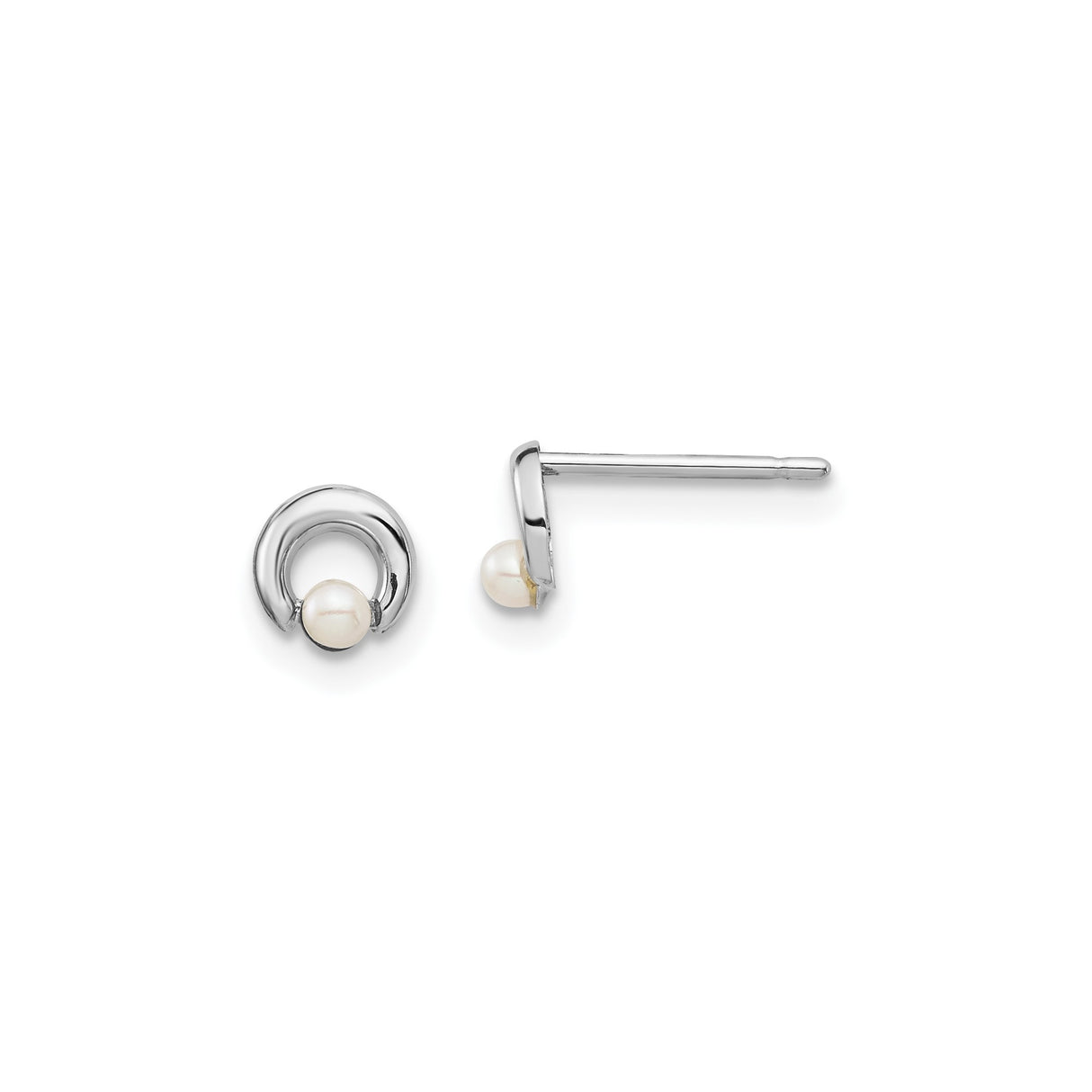 14k White Gold Stud Earrings with White Pearl, Open Circle Design, Minimalist Modern Style
