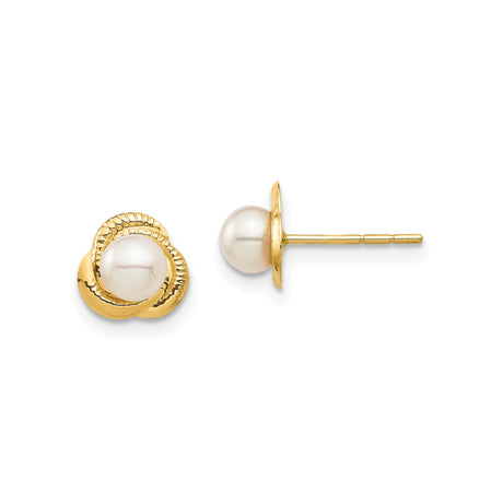 14k Yellow Gold Pearl Stud Earrings with Twisted Knot Design, Round White Cultured Pearl