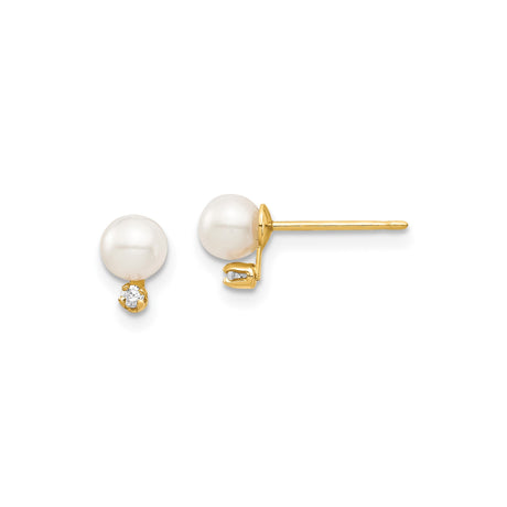 14k Yellow Gold Stud Earrings with Cultured White Pearls and Cubic Zirconia Accents