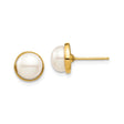 14k Yellow Gold Stud Earrings with Round White Pearl in Bezel Setting, Minimal Classic Style