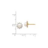 14k Yellow Gold Pearl Stud Earrings with Cubic Zirconia Halo Floral Design