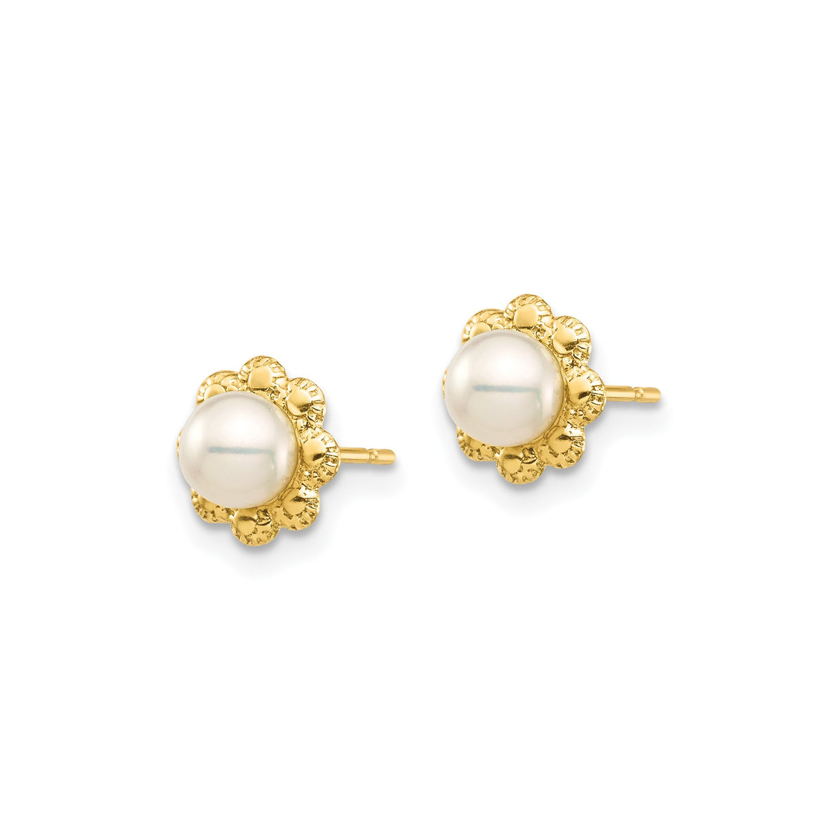 14k Yellow Gold Floral Stud Earrings with Cultured White Button Pearls, Vintage-Inspired Design