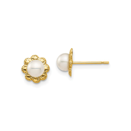 14k Yellow Gold Floral Stud Earrings with Cultured White Button Pearls, Vintage-Inspired Design