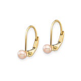 14k Yellow Gold Leverback Earrings with Pink Freshwater Pearls, Minimalist Drop Style for Women