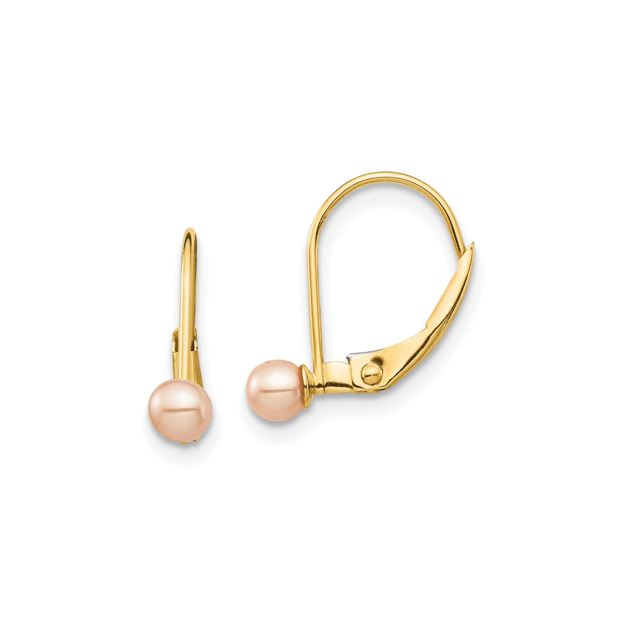 14k Yellow Gold Leverback Earrings with Pink Freshwater Pearls, Minimalist Drop Style for Women