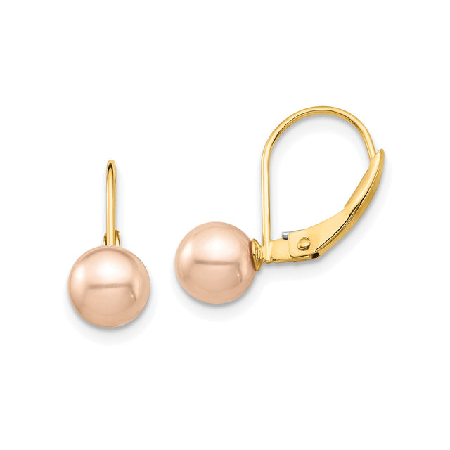 14k Yellow Gold Drop Earrings with Blush Pink Pearls, Leverback Bridal Jewelry for Women