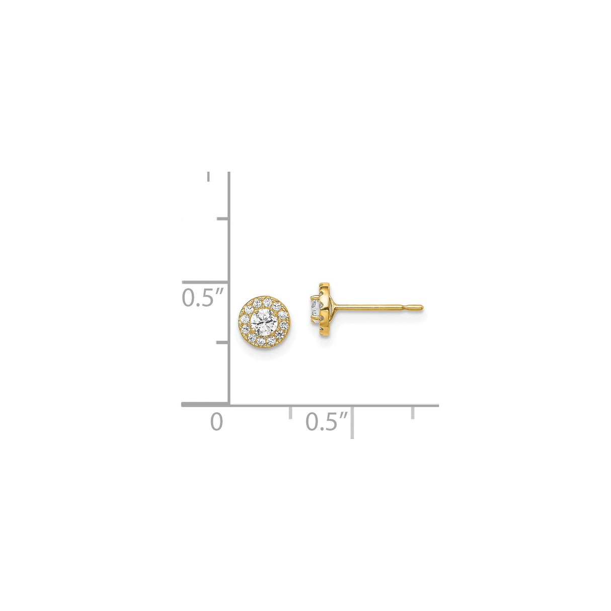14k Yellow Gold Round Stud Earrings with Clear Gemstone Center and Halo Design
