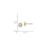 14k Yellow Gold Round Stud Earrings with Clear Gemstone Center and Halo Design