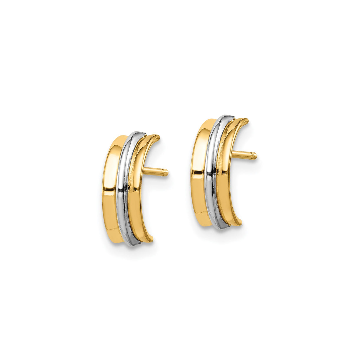 14k Yellow Gold Earrings, Two-Tone Rhodium Double-Band Half-Hoop Studs, Geometric Minimalist Style