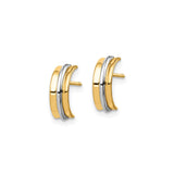 14k Yellow Gold Earrings, Two-Tone Rhodium Double-Band Half-Hoop Studs, Geometric Minimalist Style