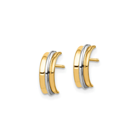 14k Yellow Gold Earrings, Two-Tone Rhodium Double-Band Half-Hoop Studs, Geometric Minimalist Style