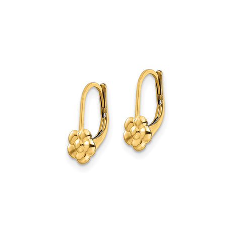 14k Yellow Gold Leverback Earrings, Dainty Floral Drop Design for Women