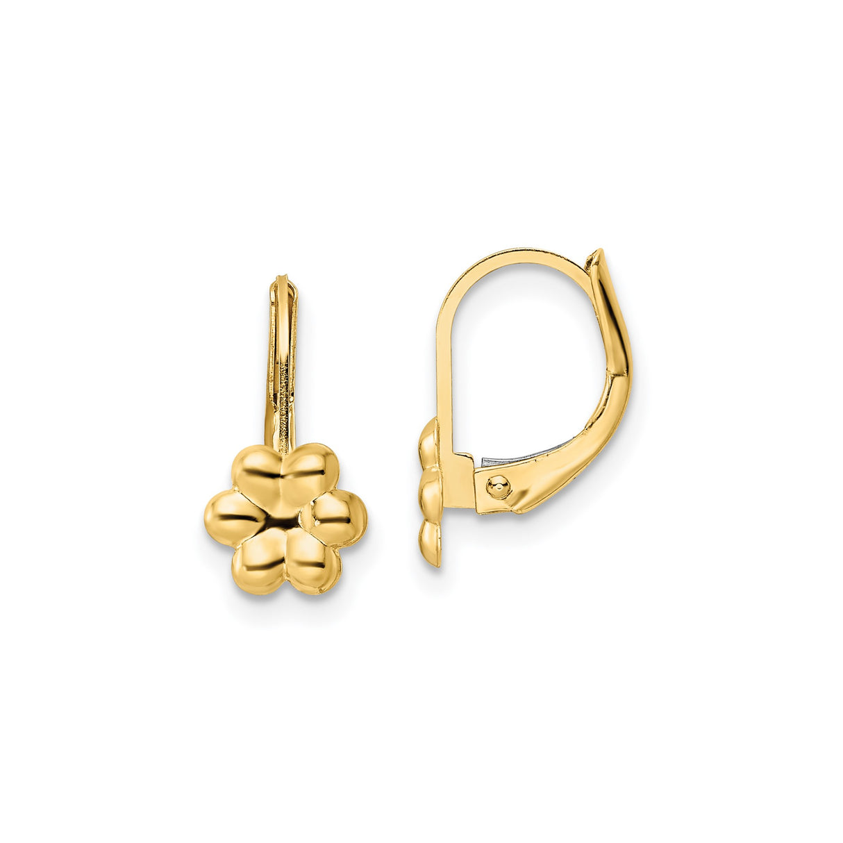 14k Yellow Gold Leverback Earrings with Polished Puffed Flower Design for Girls