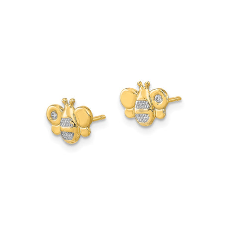 14k Yellow Gold Bee Stud Earrings with Cubic Zirconia and Polished Insect Motif