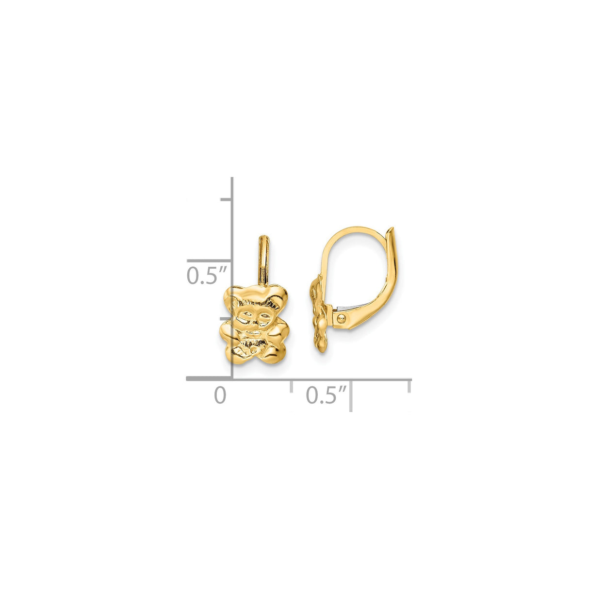14k Yellow Gold Leverback Earrings with Teddy Bear Design for Young Girls