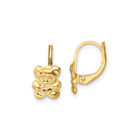 14k Yellow Gold Leverback Earrings with Teddy Bear Design for Young Girls