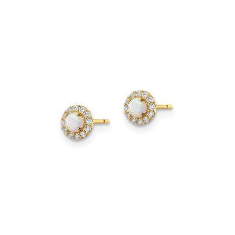 14k Yellow Gold Stud Earrings with Lab Created Opal Center and Cubic Zirconia Halo