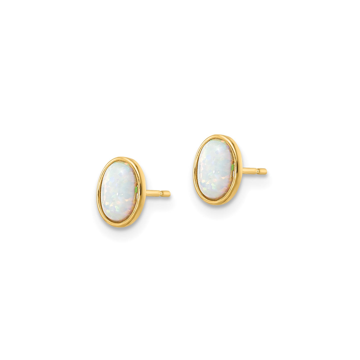 14k Yellow Gold Stud Earrings with Created Opal, Oval Bezel Set Minimalist Design