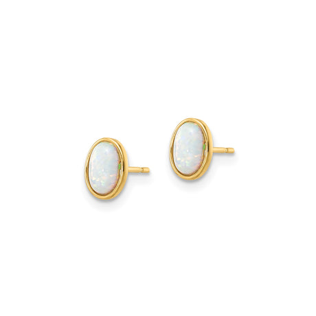 14k Yellow Gold Stud Earrings with Created Opal, Oval Bezel Set Minimalist Design