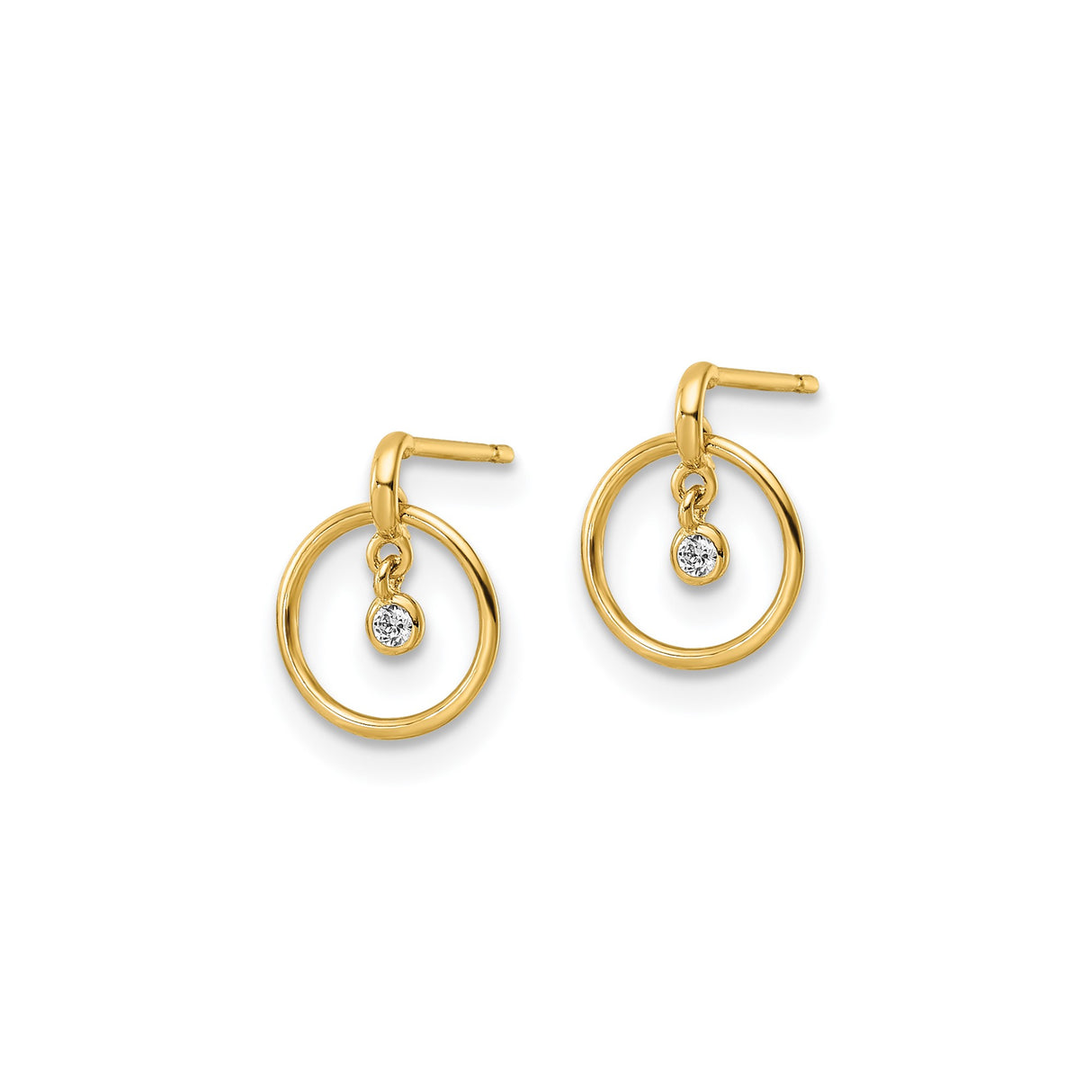 14k Yellow Gold Dangle Stud Earrings with Cubic Zirconia, Open Circle, Minimalist Style