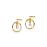 14k Yellow Gold Dangle Stud Earrings with Cubic Zirconia, Open Circle, Minimalist Style