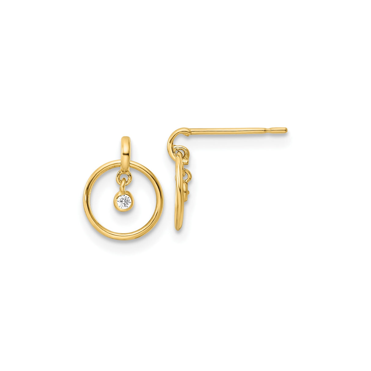 14k Yellow Gold Dangle Stud Earrings with Cubic Zirconia, Open Circle, Minimalist Style